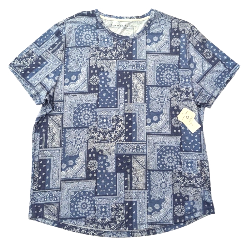 NWT Sun Stone T-Shirt Men's XXL Blue White Short Sleeve Bandana Paisley Print